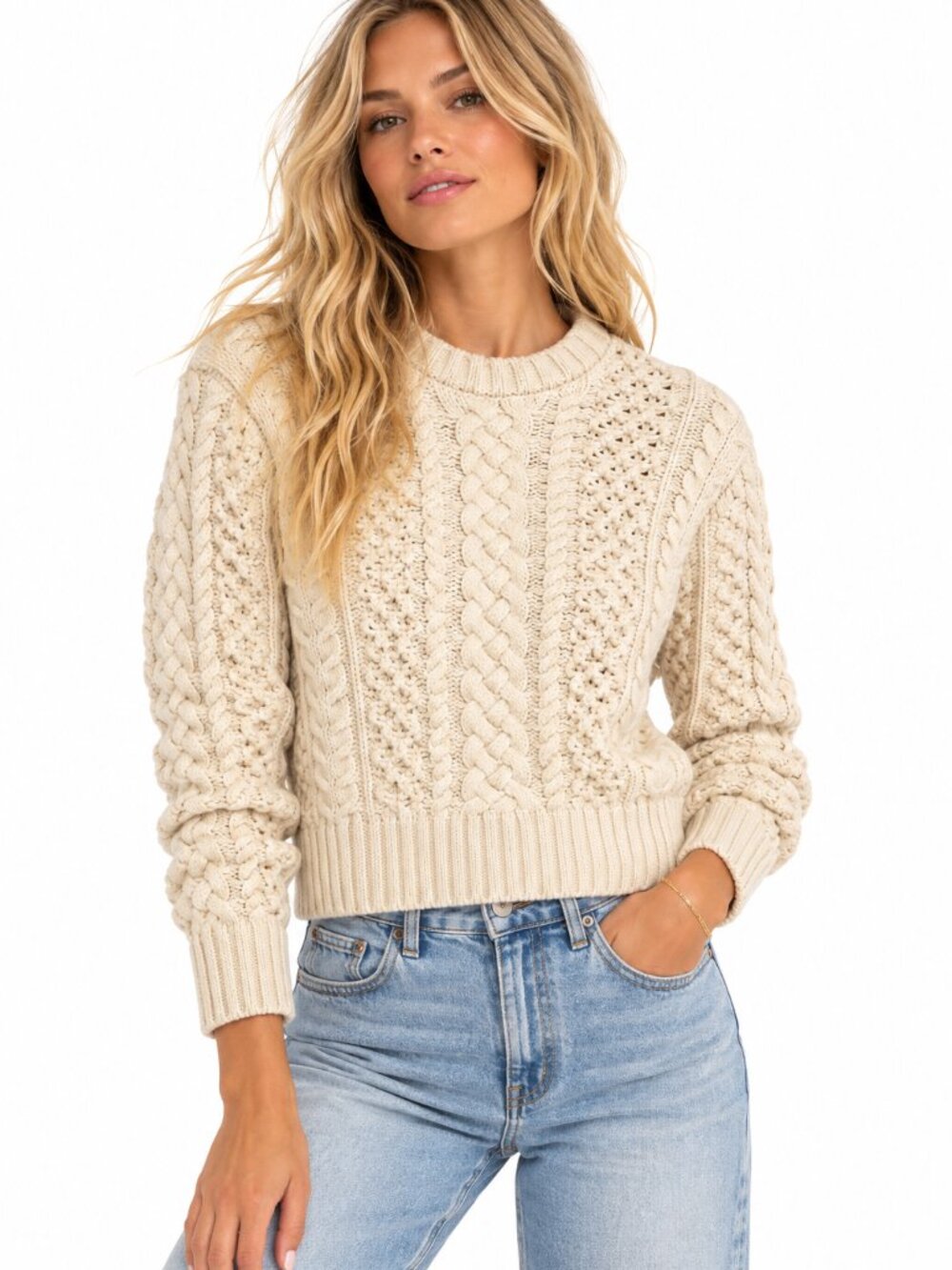 Pistola Quinn Shrunken Fisherman Sweater Ivory Cable Knit Crop XS NWT